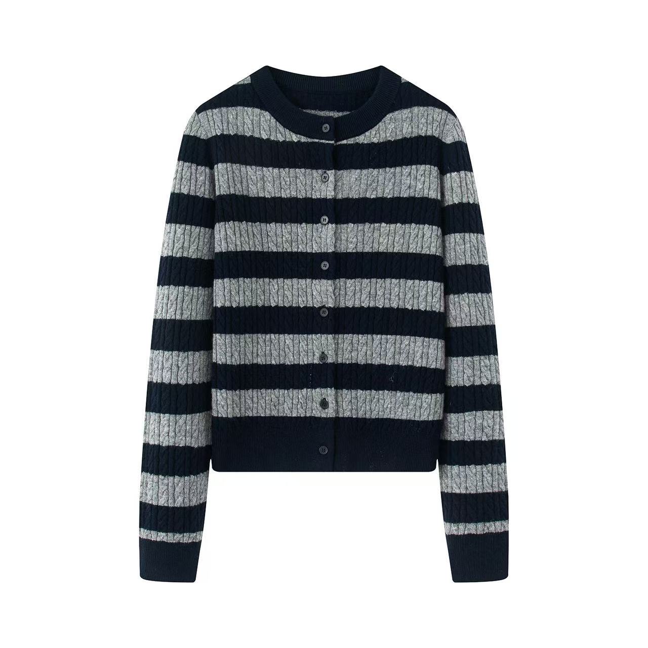 迪家条纹针织短款褶皱女装毛针织衫圆领休闲风设计师7125