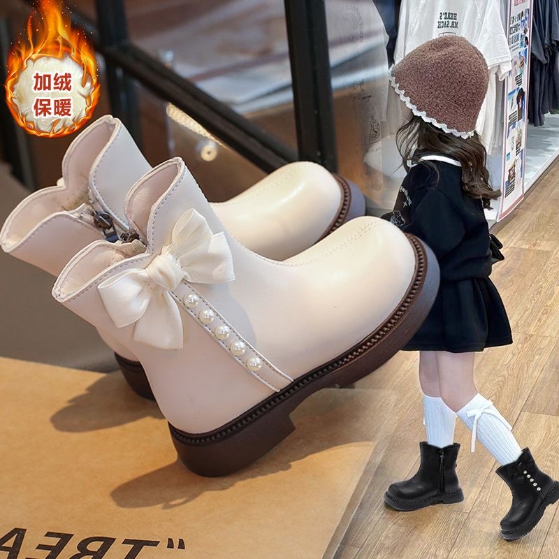 ABC女童靴子2025秋冬季儿童加绒保暖蝴蝶结皮靴小女孩短靴公主风