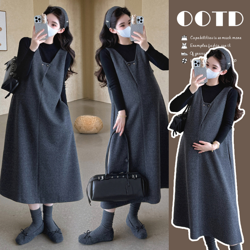 孕妇连衣裙秋冬新款加厚毛呢背心裙软糯保暖过膝长款两面穿两件套