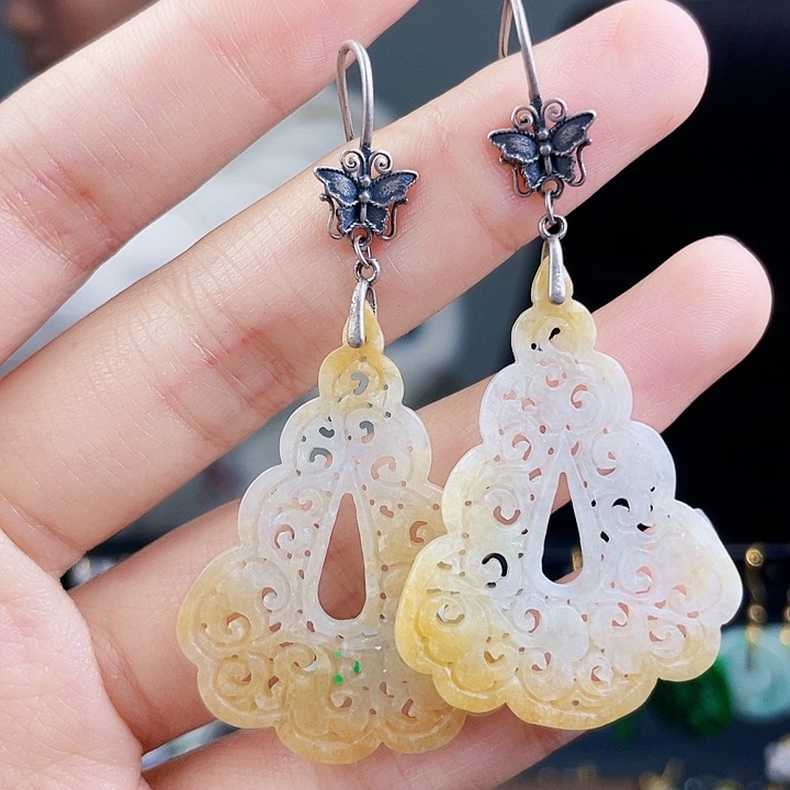 翡翠耳饰银S925镶嵌饰品