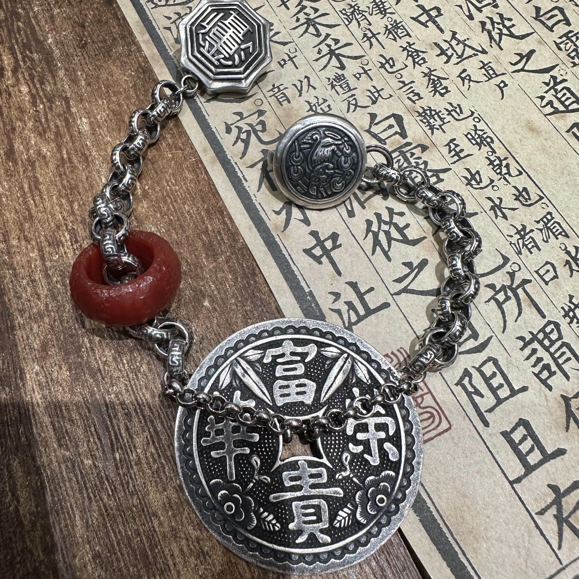 925银手链 S11618 喜字荣华富贵圆牌红色平安扣链条手链