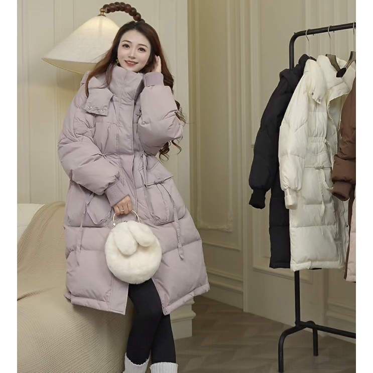 针织翻袖羽绒服冬季韩版中长款外套女冬气质百搭韩版连帽显瘦加厚