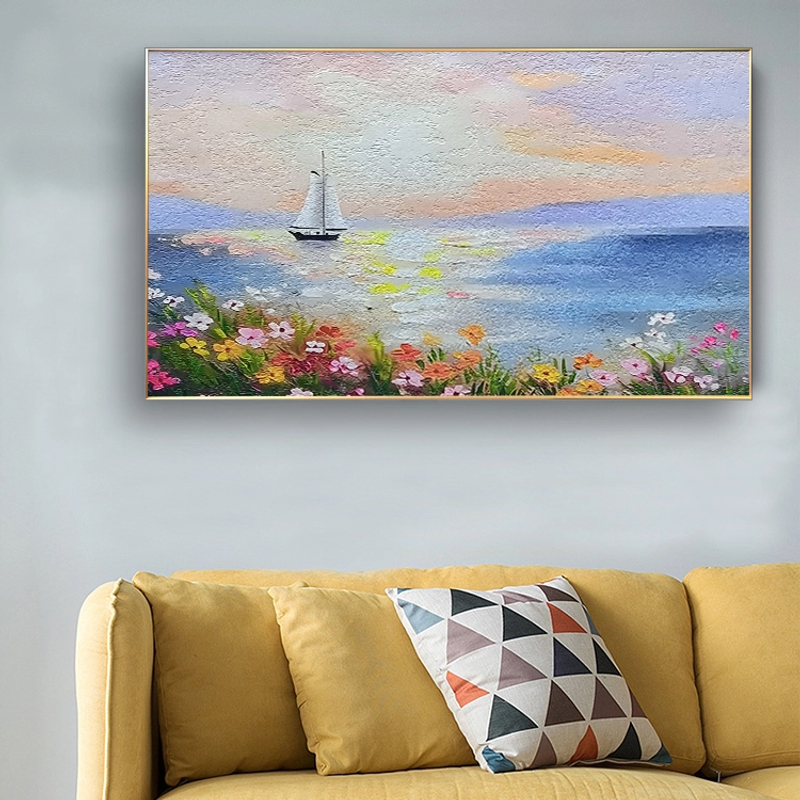 手工砂岩肌理装饰画一帆风顺海景北欧风餐厅电表箱走廊书房挂画