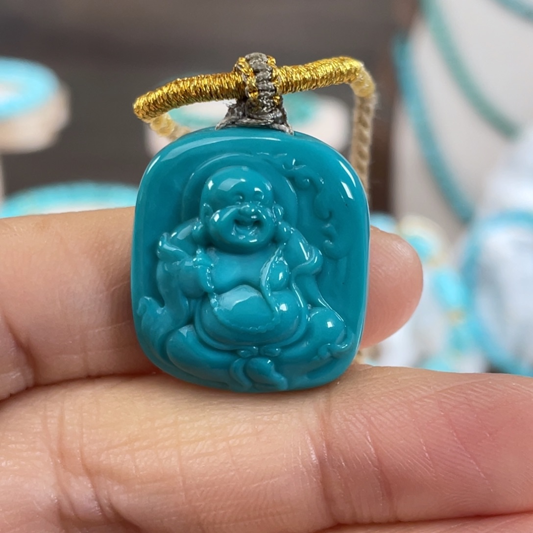 绿松石未镶嵌套链玉化弥勒佛