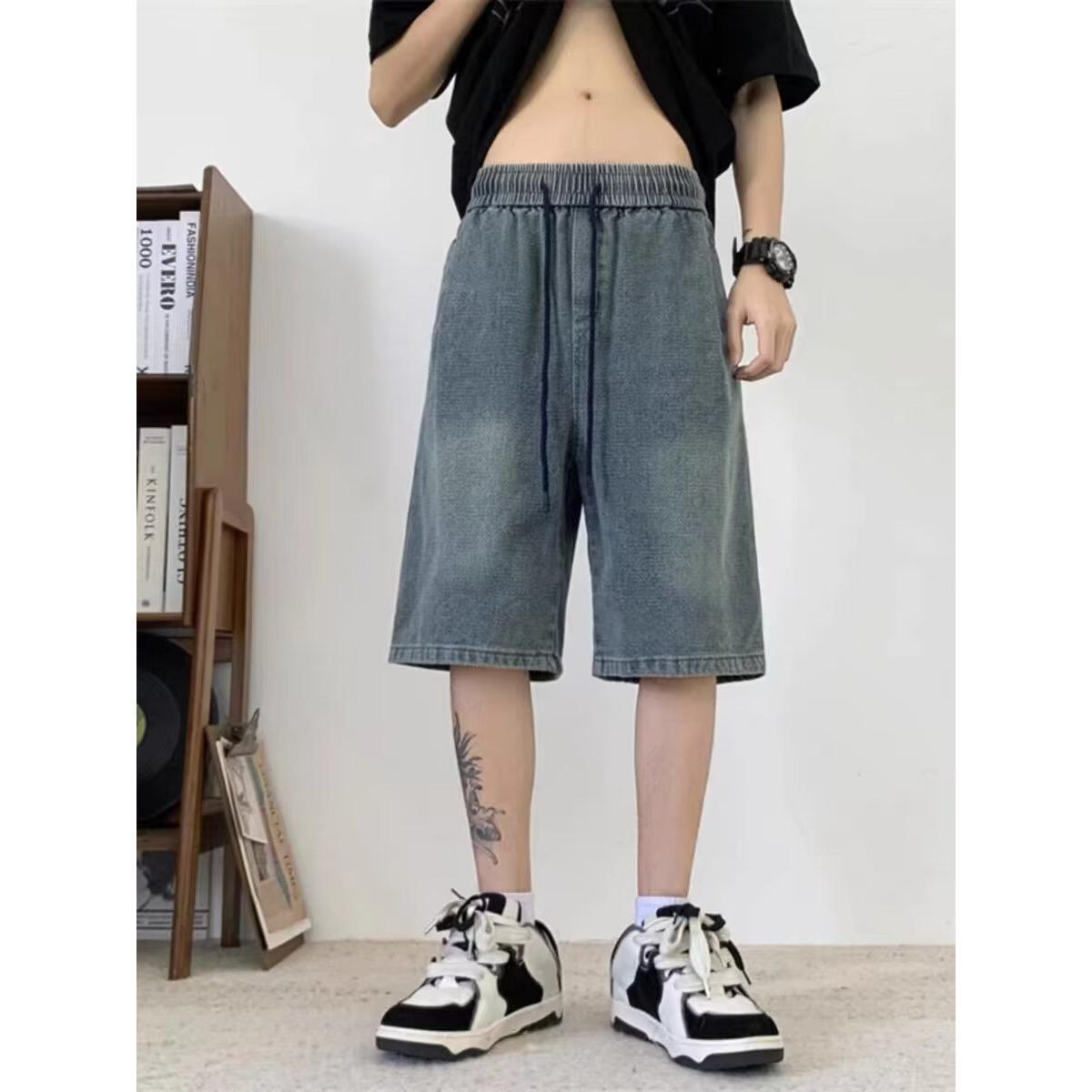 D06夏季复古牛仔短裤男高街直筒宽松ins潮牌休闲牛仔短裤阔