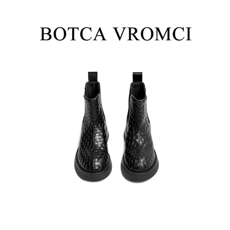 BOTCAVROMCI手工鞋女秋冬新款粗跟圆头编织靴女复古靴子1201-9