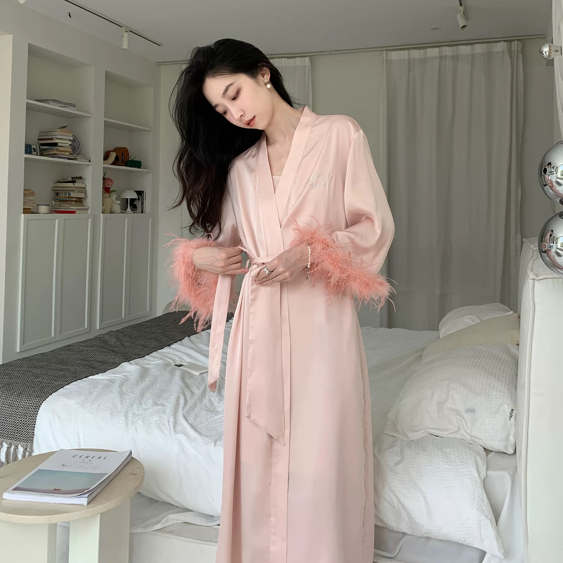 奢华睡袍长袖长款性感浴袍两件套家居服新