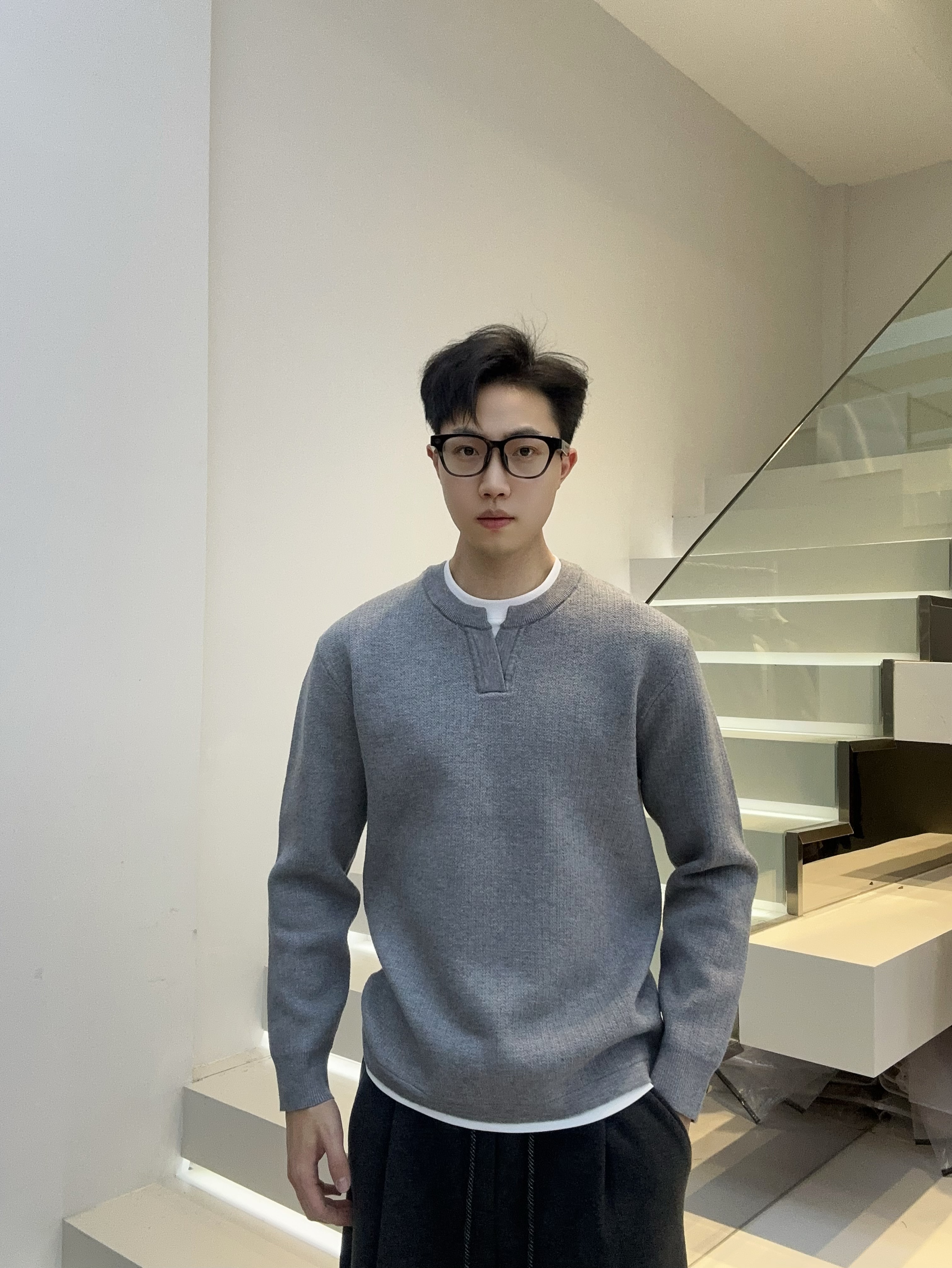 YONS秋冬加绒男士假两件套头针织衫时尚保暖慵懒风百搭