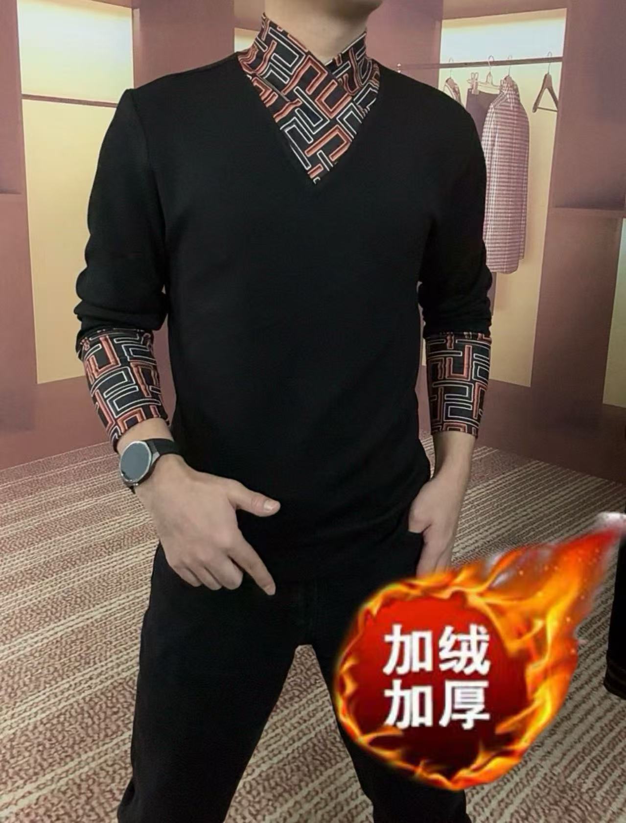 【格致男装】秋冬男士围巾领加绒长袖打底衫个性时尚定制卫衣男8798
