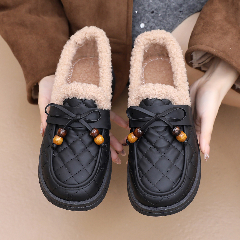 2025冬季加绒保暖棉鞋女厚底皮面防水防滑雪地靴纯色休闲风妈妈鞋