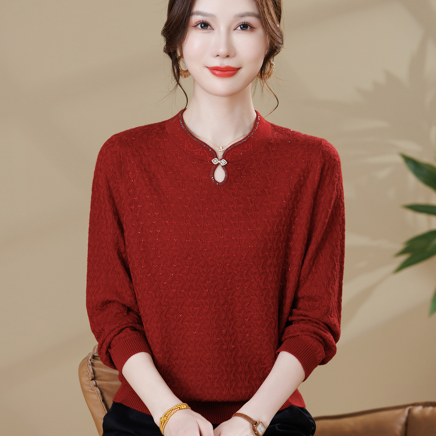 洋气妈妈秋装新中式针织打底小衫中老年女装春秋新款旗袍领上衣服
