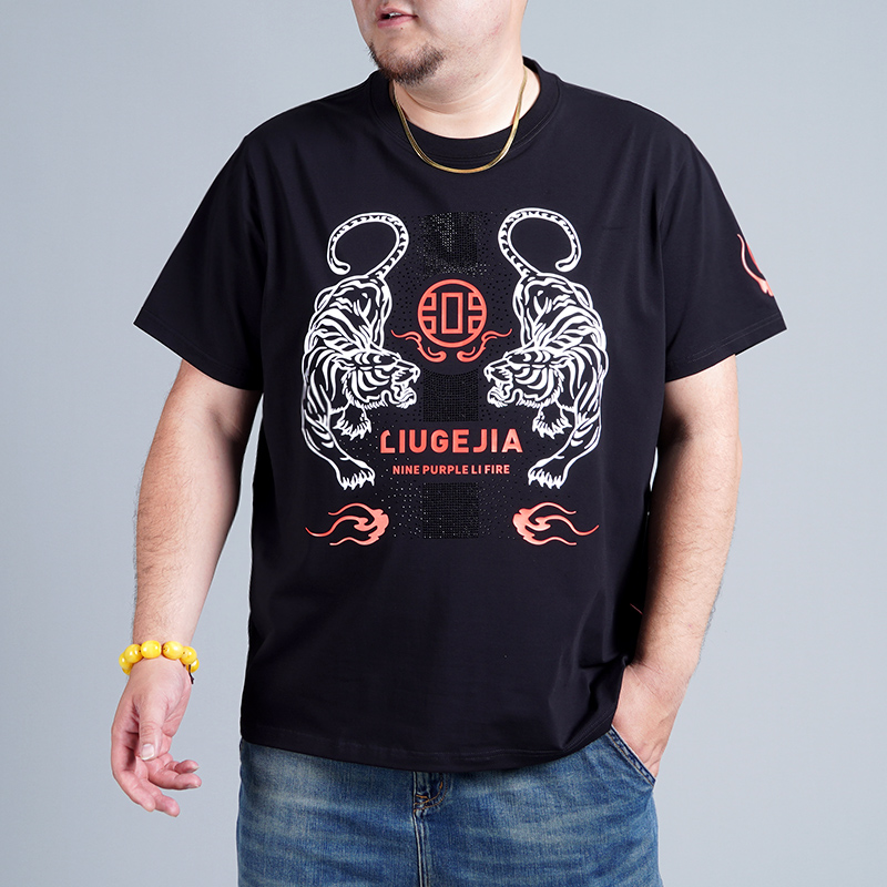LIUGEJIA/六个加潮牌男士大码夏季下山虎印花+烫钻圆领T恤T176007