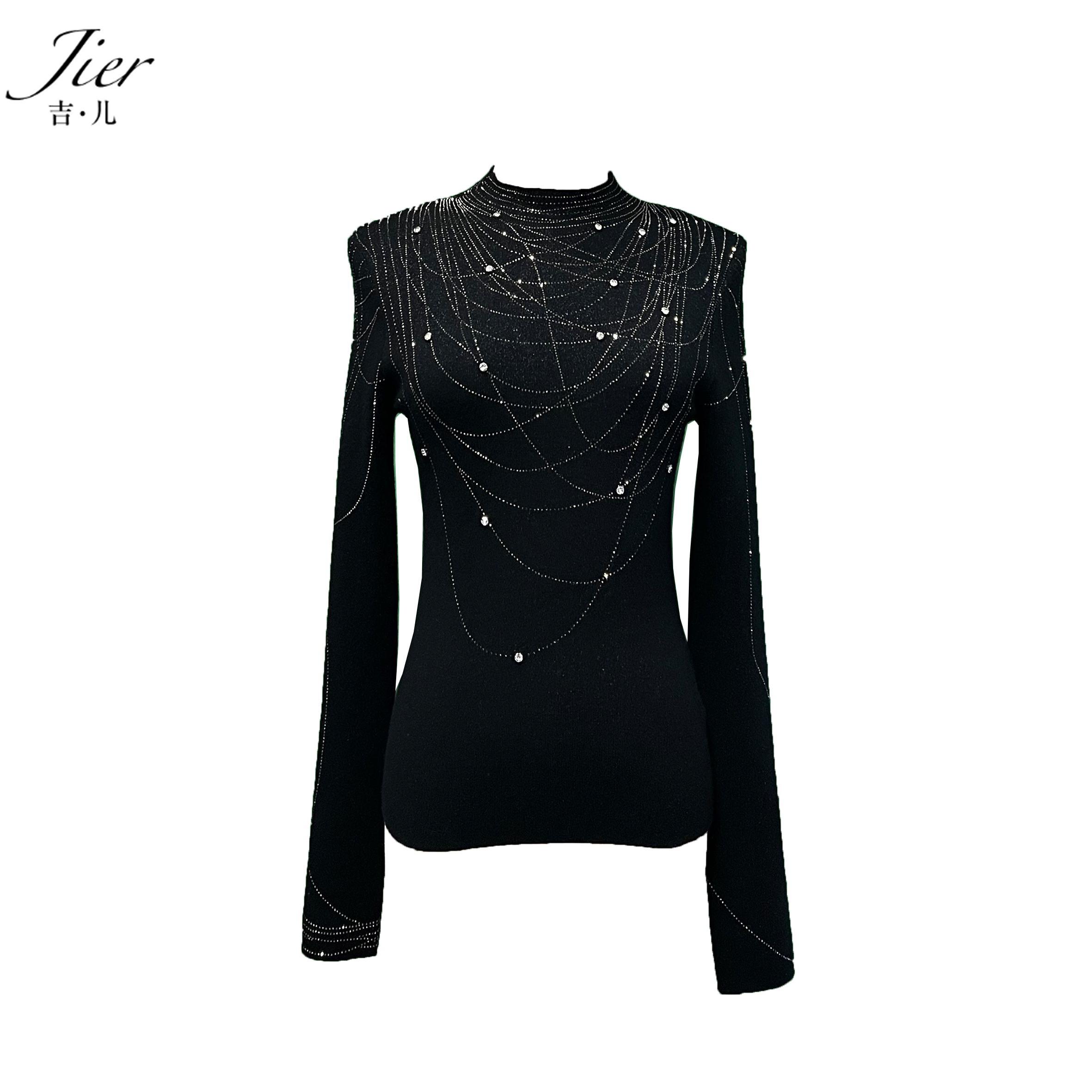 【Jier吉儿】原创设计师 轻奢气质长袖时尚百搭修身重工钉珠上衣