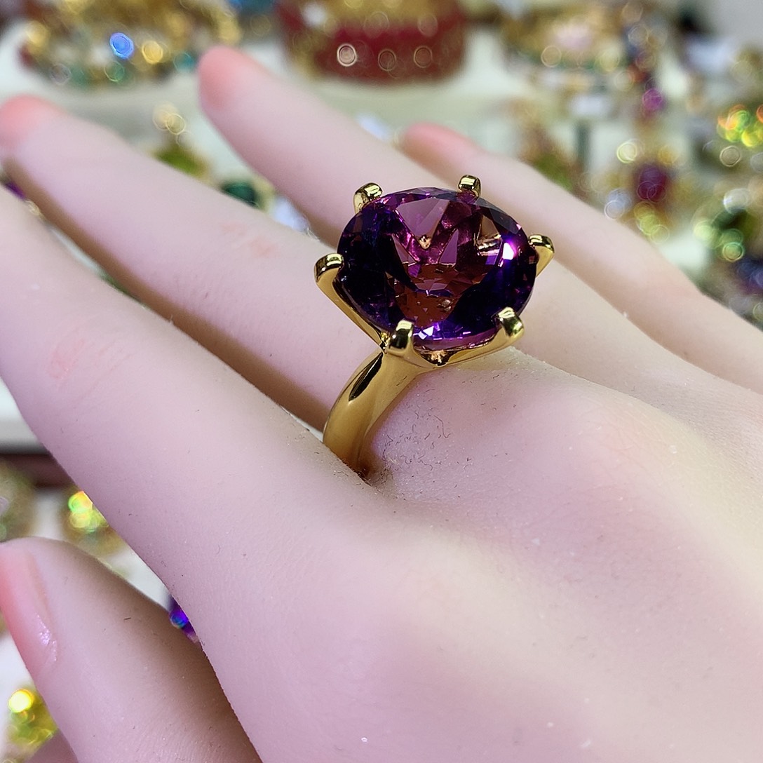 紫晶戒指银S925镀金镶嵌