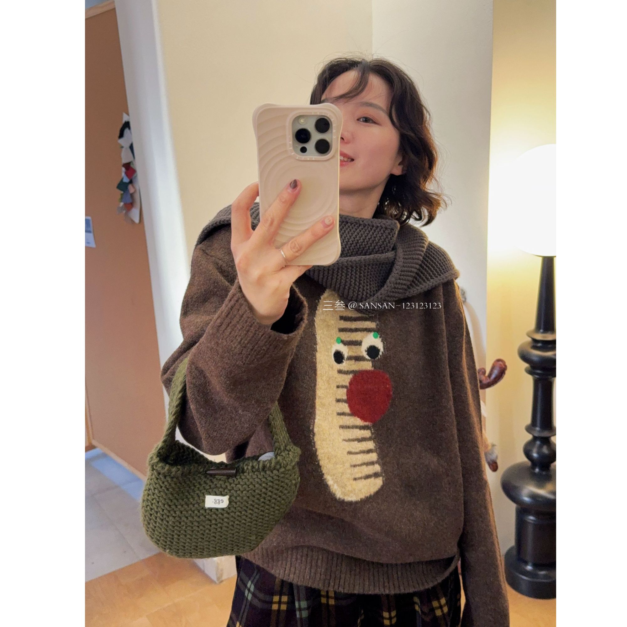 SANSAN红鼻梳子毛衣 圣诞毛衣氛围感摩卡可可圆领毛衣