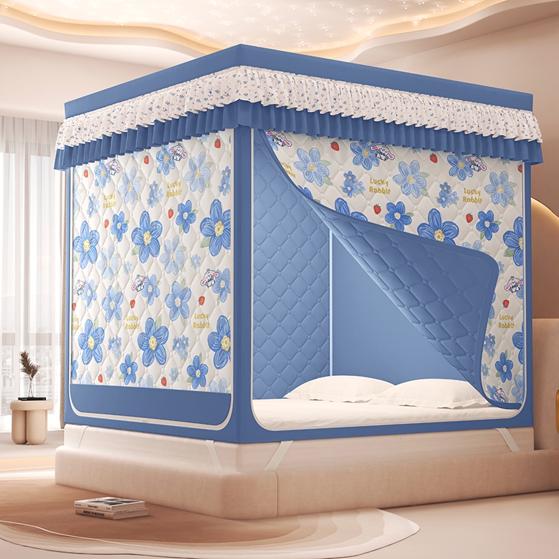 家用卧室防摔加厚防尘全封闭一体式印花夹棉遮光保暖坐床蚊帐di