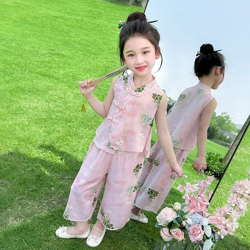 汉服女童粉色套装夏季2025新款洋气时髦儿童新中式夏装女宝两件套