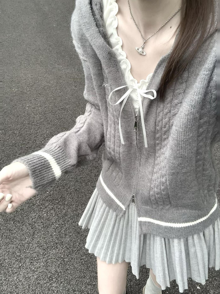 灰色连帽针织衫上衣女2025秋新款双拉链慵懒软糯外搭毛衣开衫外套