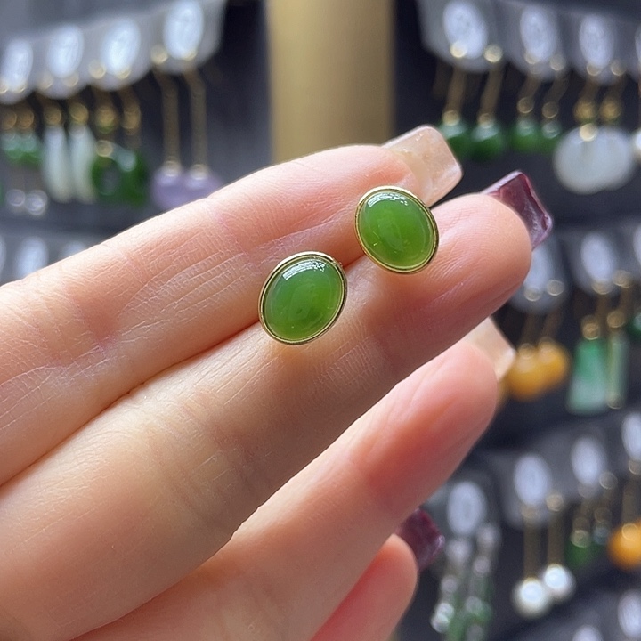 和田玉耳饰银S925镀金镶嵌