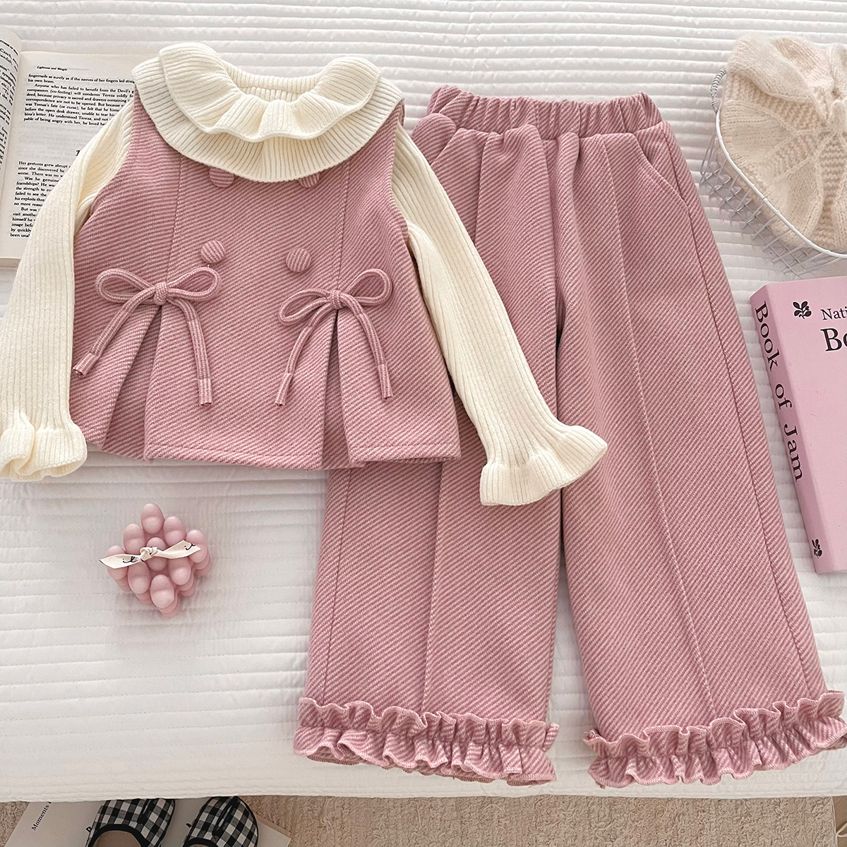 【升级加厚款】2025女童秋冬季新款粉色洋气上衣内搭长裤加绒三件套