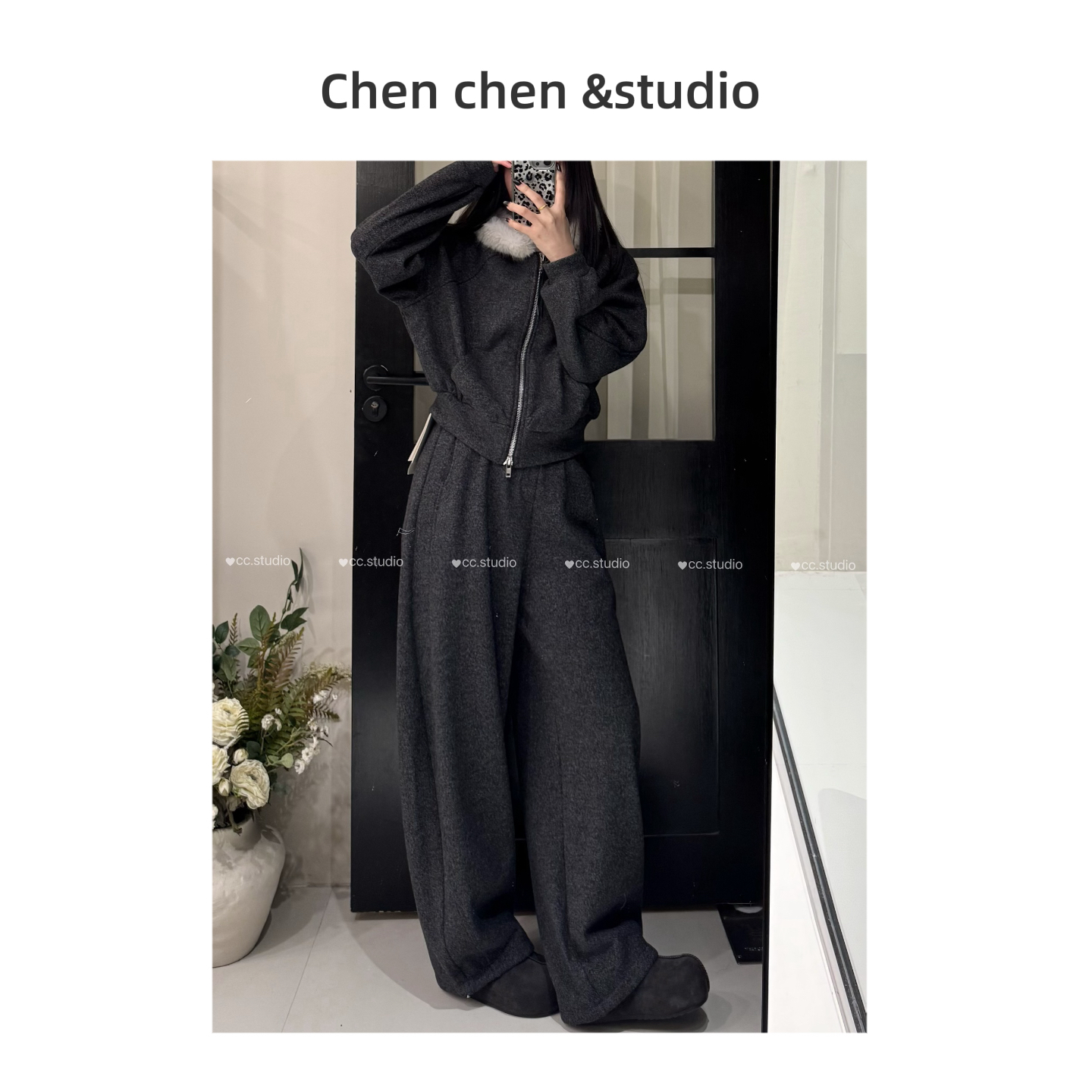【毛领双拉链深灰套装】冬季加绒加厚慵懒风连帽卫衣外套搭配阔腿裤