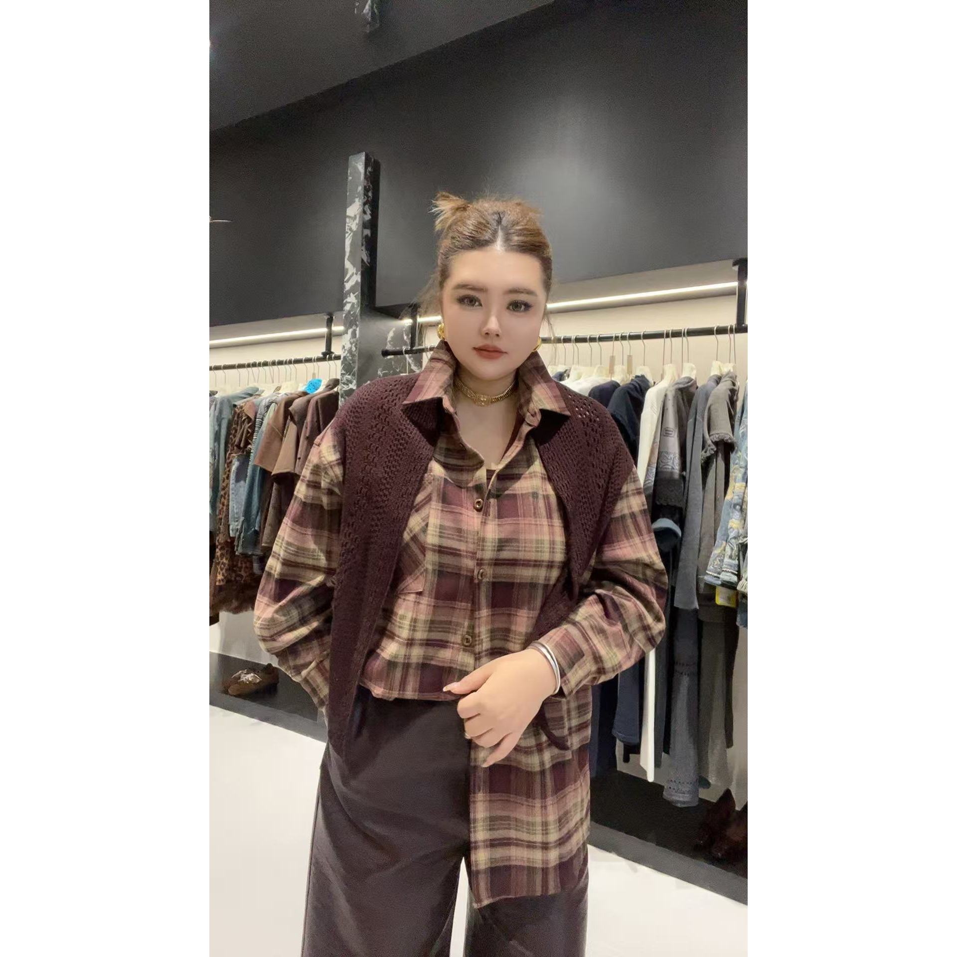 168欧韩集合店| 两件套！格纹衬衫+针织披肩，氛围感拉满7998
