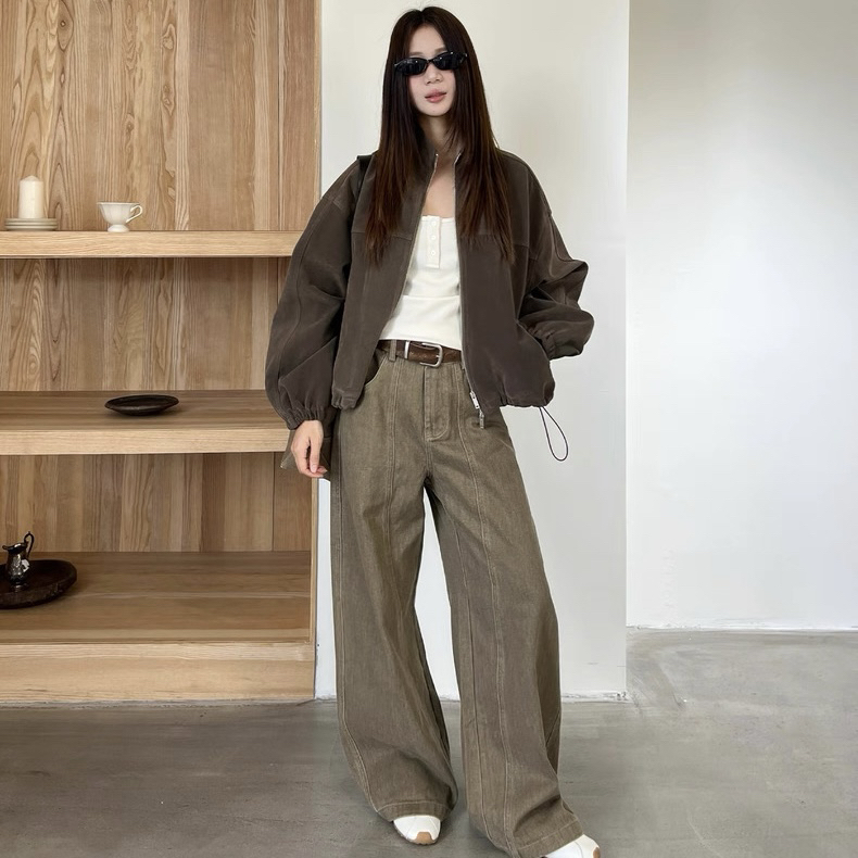 复古高腰阔腿弯刀牛仔裤女2025冬季新款加厚植绒宽松直筒拖地裤子