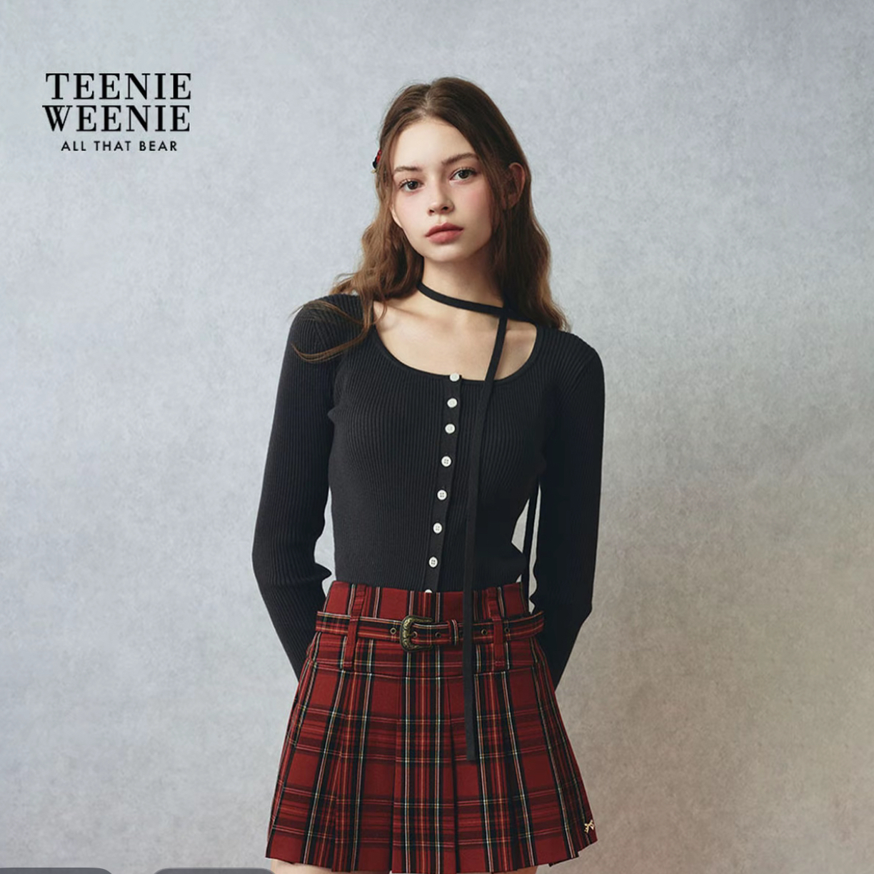 TEENIEWEENIE bearnova25羽毛拼接袖口方领毛织开衫YTCK254CL2B