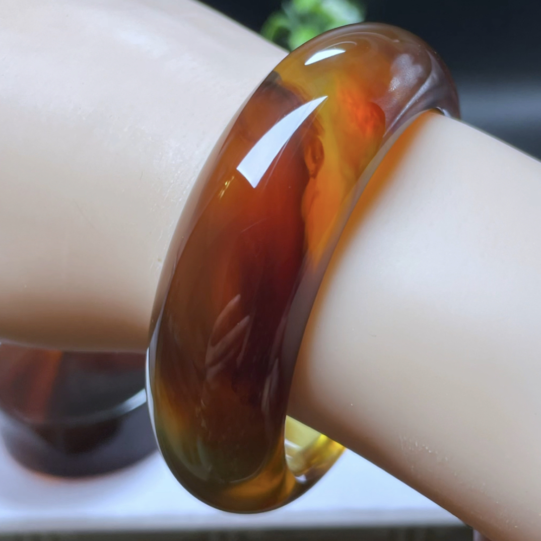 【李氏珠宝】精品55圈19.3宽金底鸿运当头彩虹意境手镯无瑕缅甸琥珀