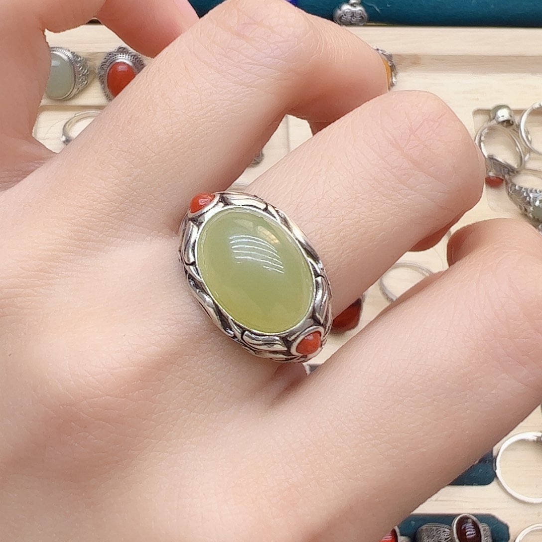 和田玉戒指银S925镶嵌