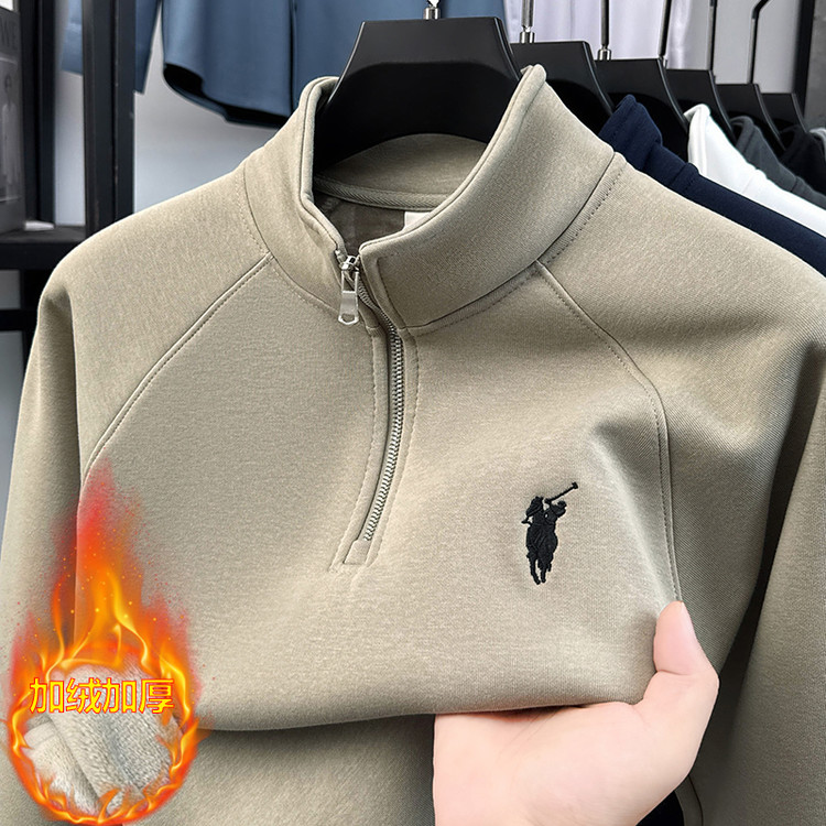 【奥莱品牌折扣】保罗卫衣男士半拉链抓绒衣冬季加绒立领马标打底衫