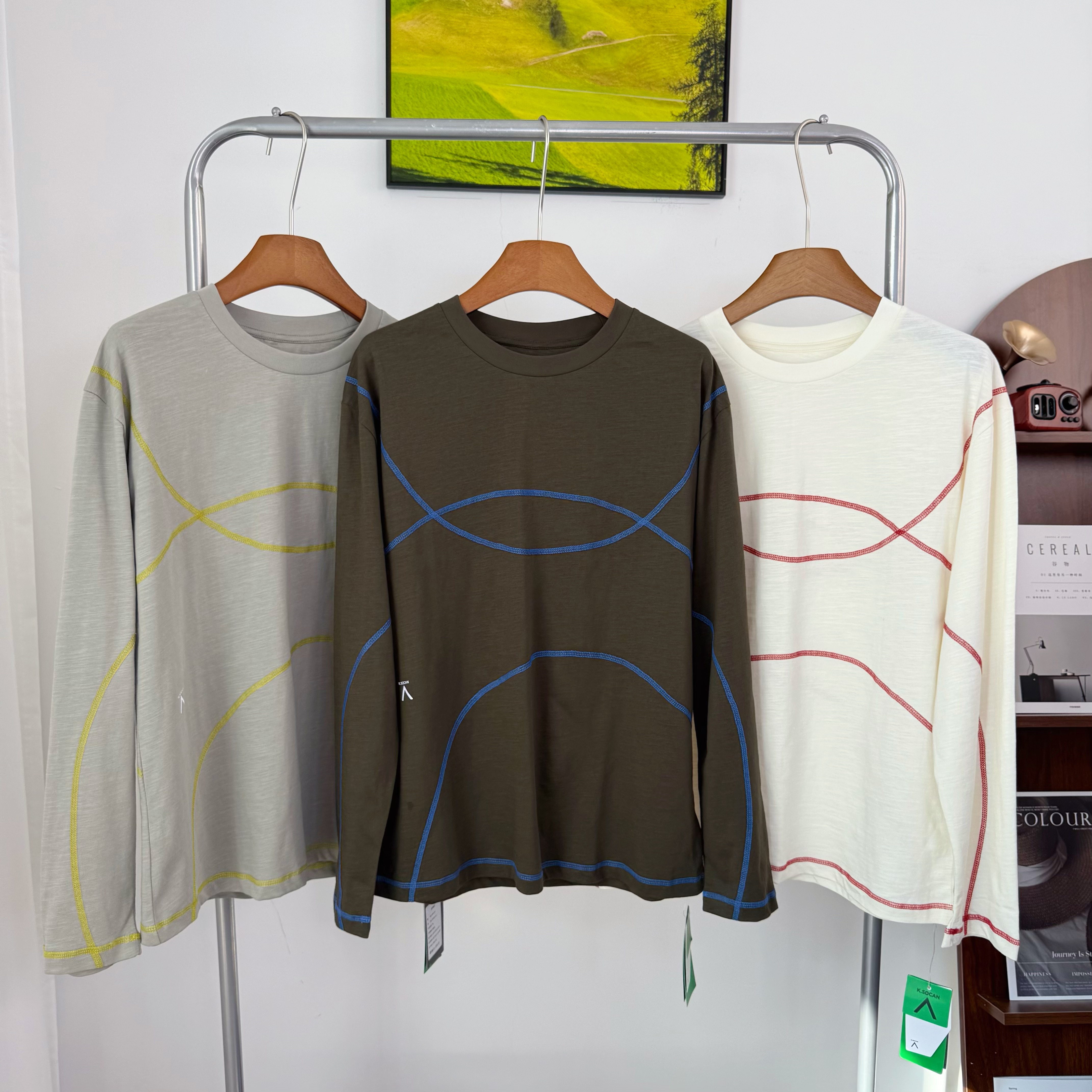 【麦穗专属】简约圆弧哈苏撞色 竹节棉透气长袖运动防晒情侣T恤男女