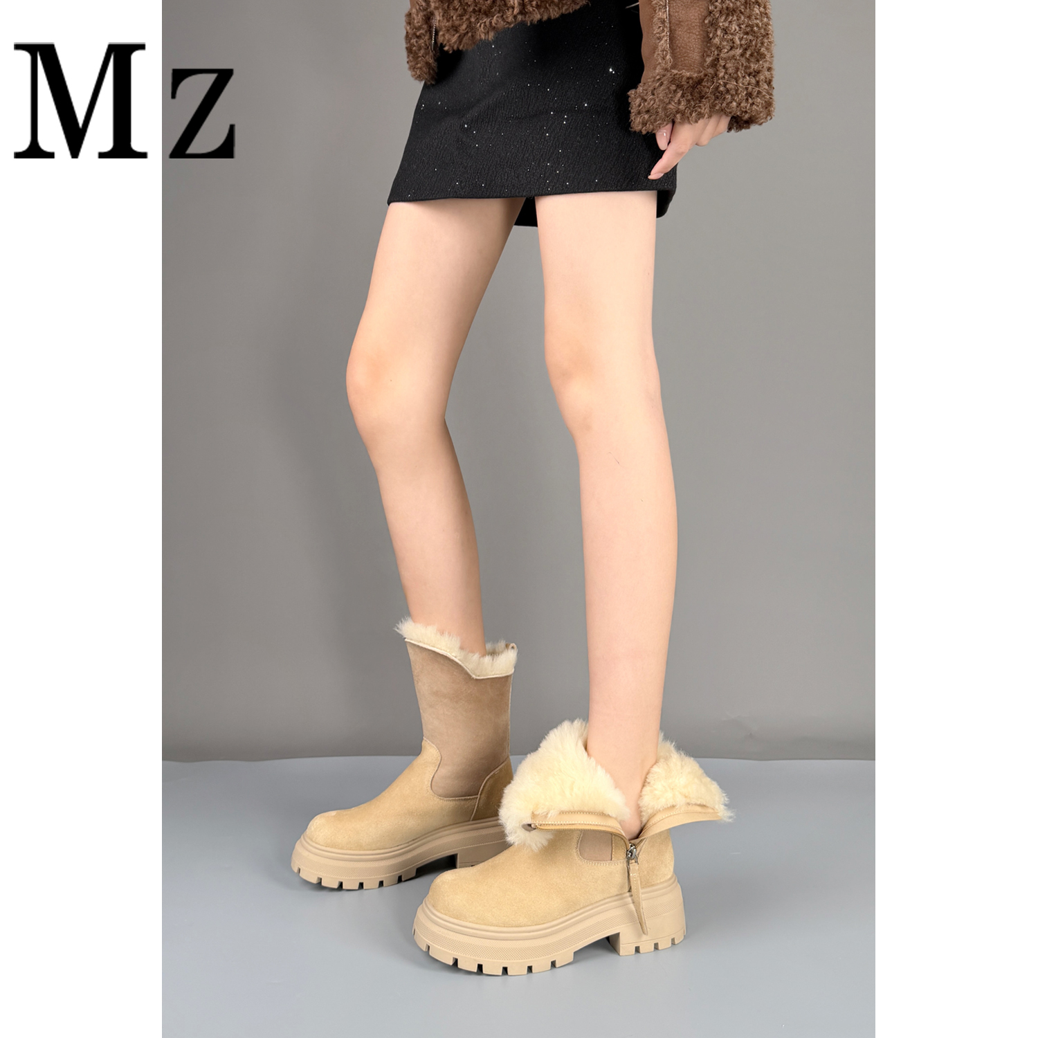 Mr.Zheng/6cm/羊皮毛一体真皮雪地靴磨砂短靴保暖加厚雪地靴女靴
