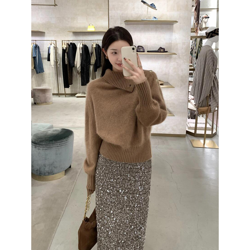 高领温柔气质套头洋气毛衣女装秋冬慵懒风内搭打底针织衫翻领上衣