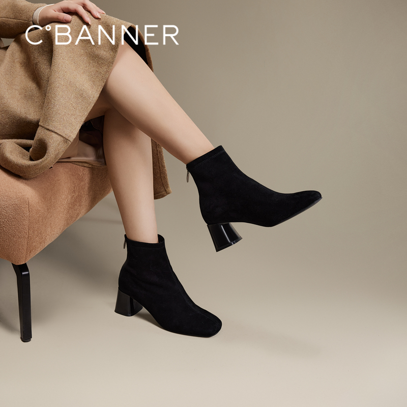 C.BANNER/千百度休闲弹力袜靴法式女鞋冬季女靴 默认微瑕