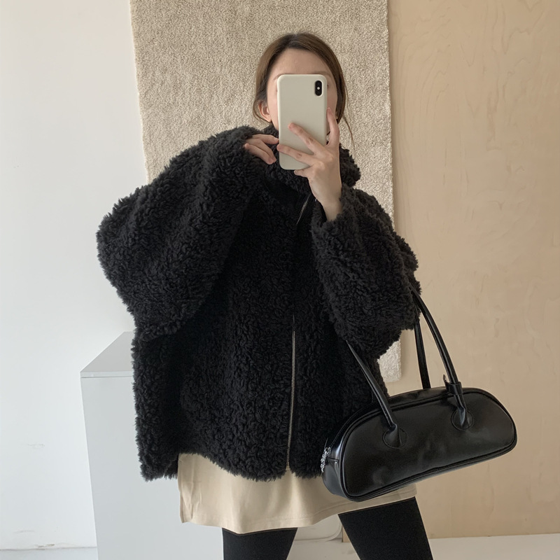2025冬季皮草外套宽松翻慵懒风韩版羊羔毛毛外套女短款