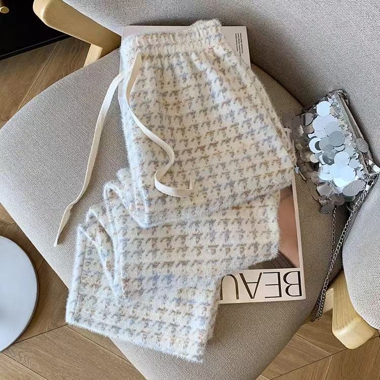 女装加绒裤子直筒裤千鸟格秋冬阔腿裤休闲裤ins百搭短裤韩版时尚