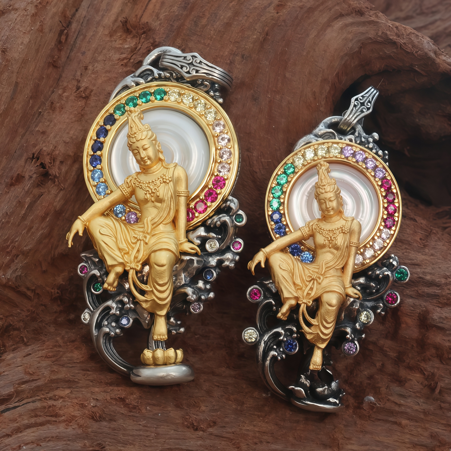 吊坠925银 个性设计复古做旧民族风雕刻立体水月观音项链吊坠挂坠