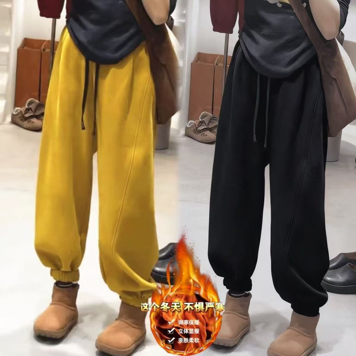 2508加绒新款欧货宽松束脚休闲裤运动卫裤纯色松紧腰百搭哈伦裤子