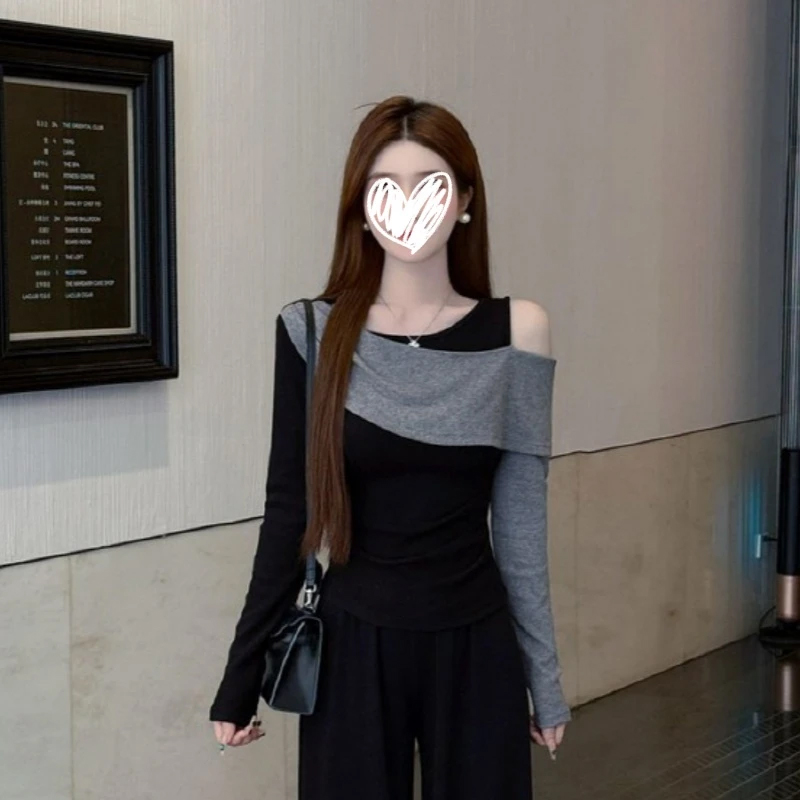 梦优莱时尚洋气露肩长袖T恤女装秋冬修身显瘦内搭加绒加厚打底衫