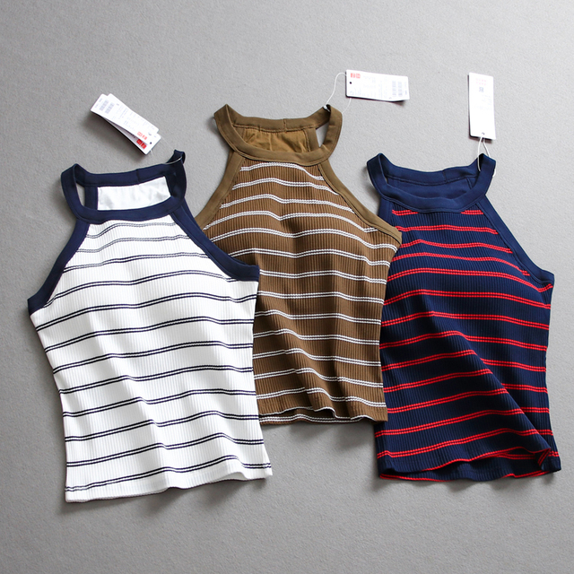 条纹显瘦修身挂颈领bra短款吊带舒适弹力辣妹风带胸垫女背心L641