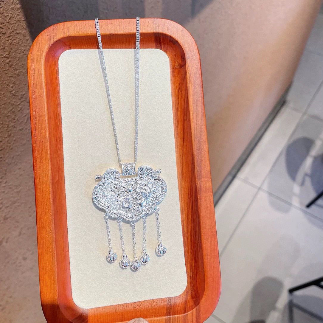 吊坠足银 999天子门生银锁吊坠中国风纯手工编织龙凤锁纯银项链