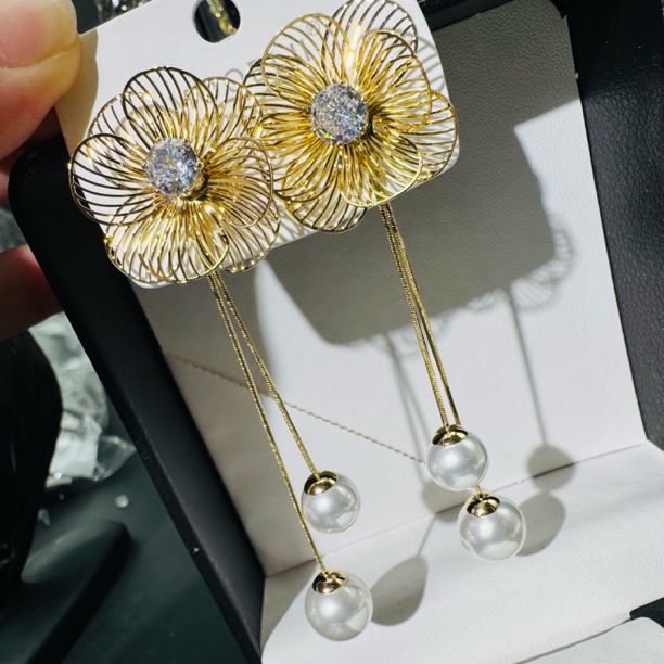 铜合金耳饰 花朵珠珠流苏耳环韩系小众设计感显脸小