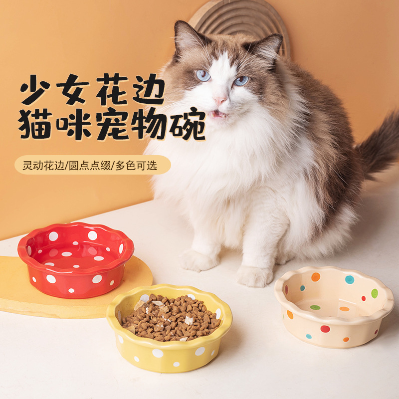 陶瓷猫碗花边波点宠物碗防黑下巴猫食盆猫粮碗小型犬泰迪宠物用品