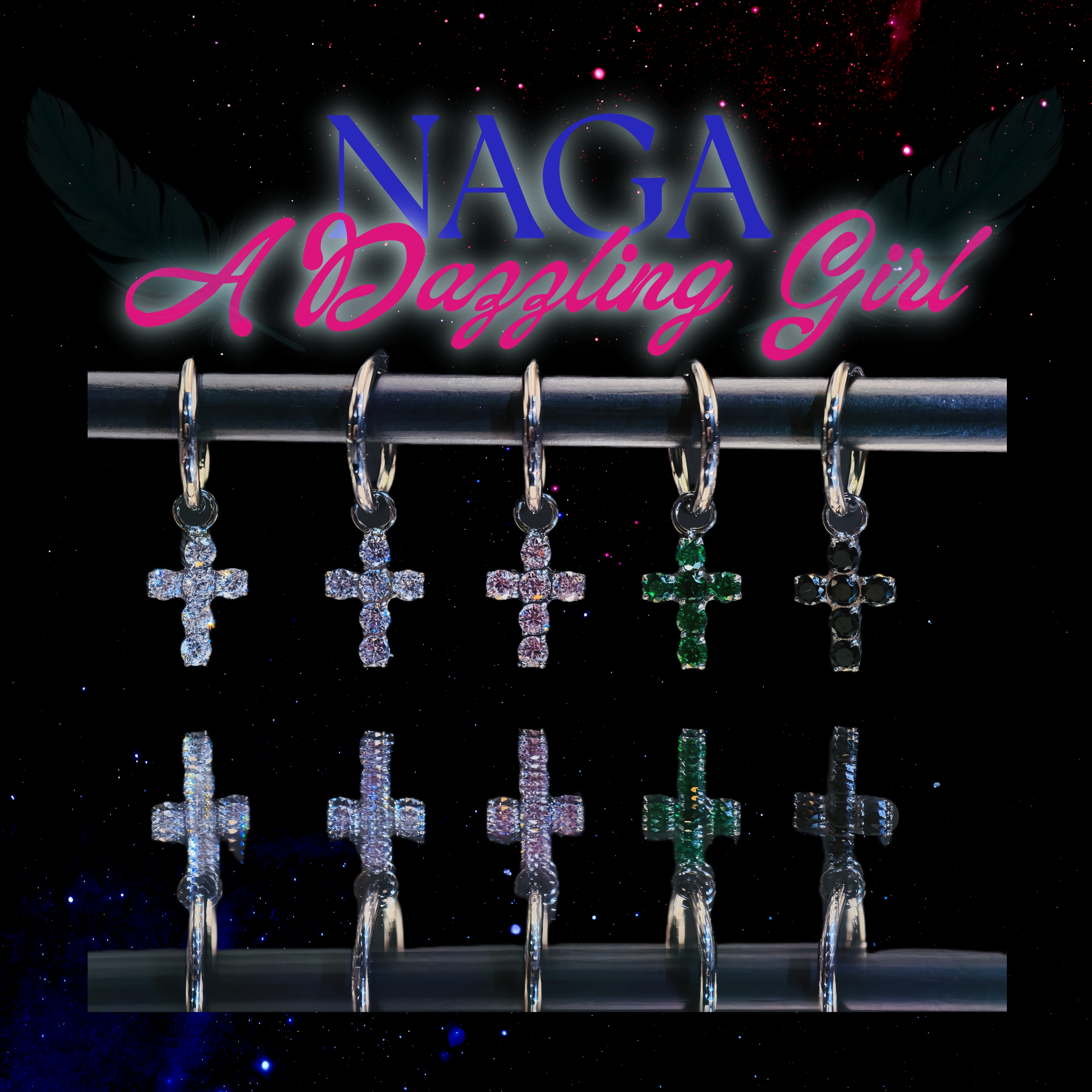 合金合成锆石耳饰 钛合金爆闪锆石跑环吊坠耳饰满锆十字多彩锆石