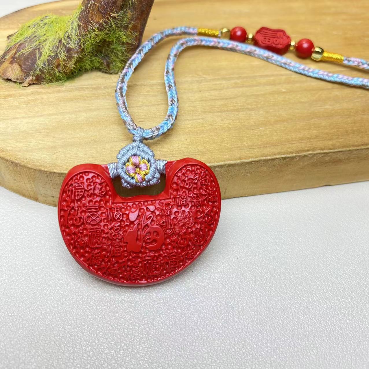 含辰砂工艺品保真高含量红砂设计款百福锁吊坠正品保真朱砂挂件