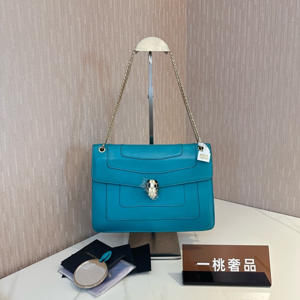 95新 BVLGARI/宝格丽 一桃/宝格丽 蓝色蛇头中号单肩包