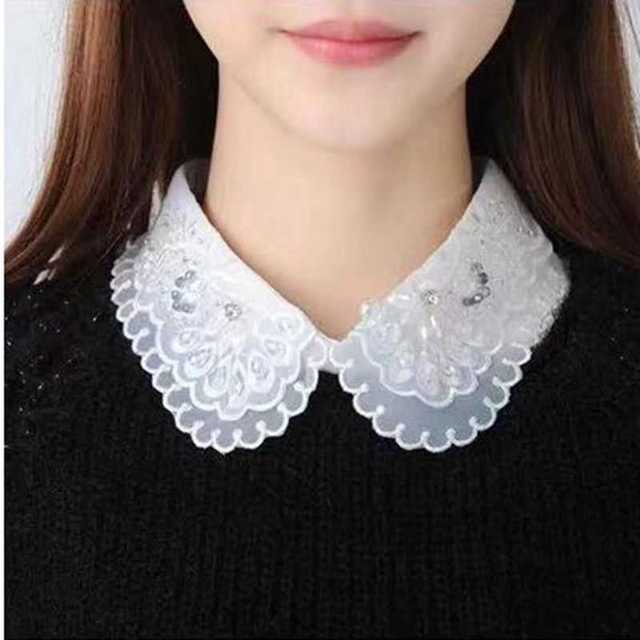 女士百搭假领子立领水钻冬季新款蕾丝网纱花边领棉雪纺领女