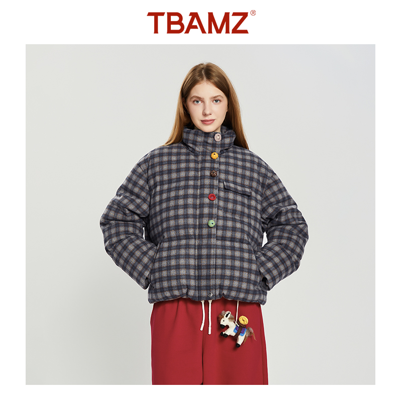 TBAMZ 复古格纹彩色纽扣立领羽绒外套 65YR910
