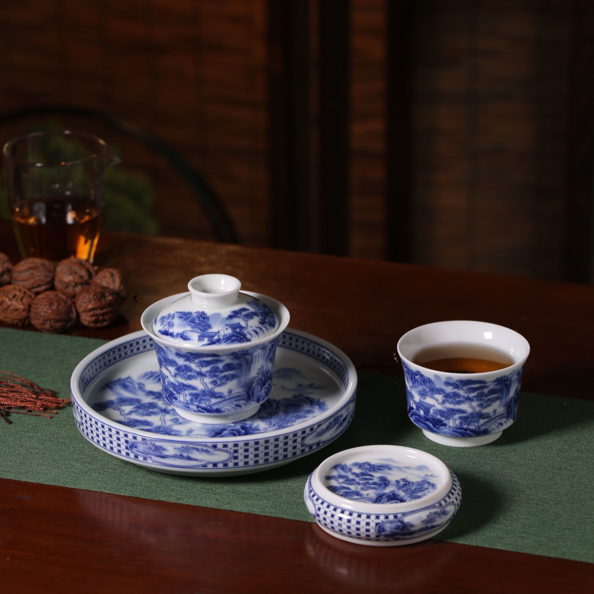 景德镇陶瓷青花瓷精工山水套装釉下彩山水茶器套组中式高端套装